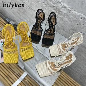 Eilyken 2021 New Sexy Yellow Mesh Pumps Sandals Female Square Toe high heel Lace Up Cross-tied Stiletto hollow Dress shoes